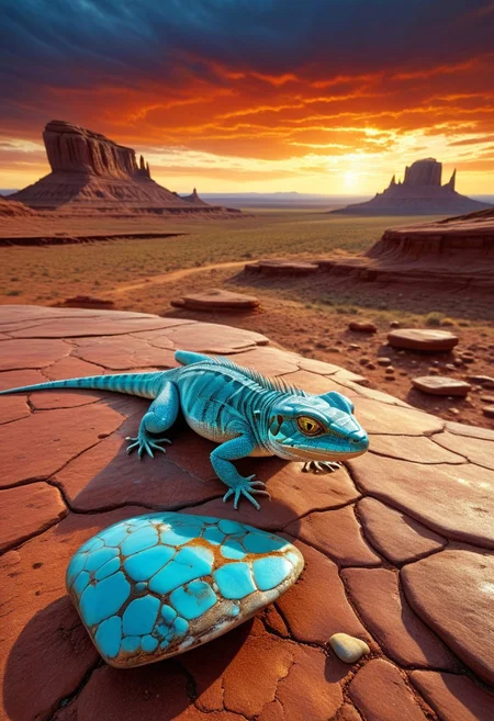 navajo sacred site, blazing sunset, immense sky, clouds storm brewing at the horizon, small polished and shiny turquoise peebles scatered on a grainy and dusty red flat rock, a delicate lizard made out of liquid chrome, running on a red rock formation, dusty and rocky ground, 4k, photorealistic, deep tones,