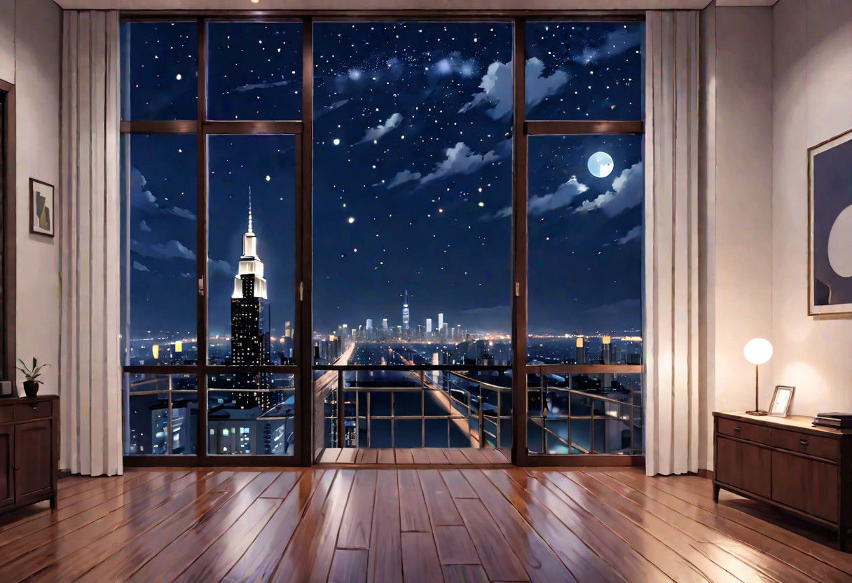((((front view)))), Shallow scene, ((animation style)), (((City high-rise building scenery))), ((((City scenery outside the window)))), ((sense of mystery)), (night), starry sky, moonlight, (weak light), (Facing the window), (open window), modern-style interior, Wooden floor, with white walls, (large windows), a living room, ((sofa and coffee table by the window sill)), (((Sofa placed horizontally))), (Behind the sofa is the window sill),