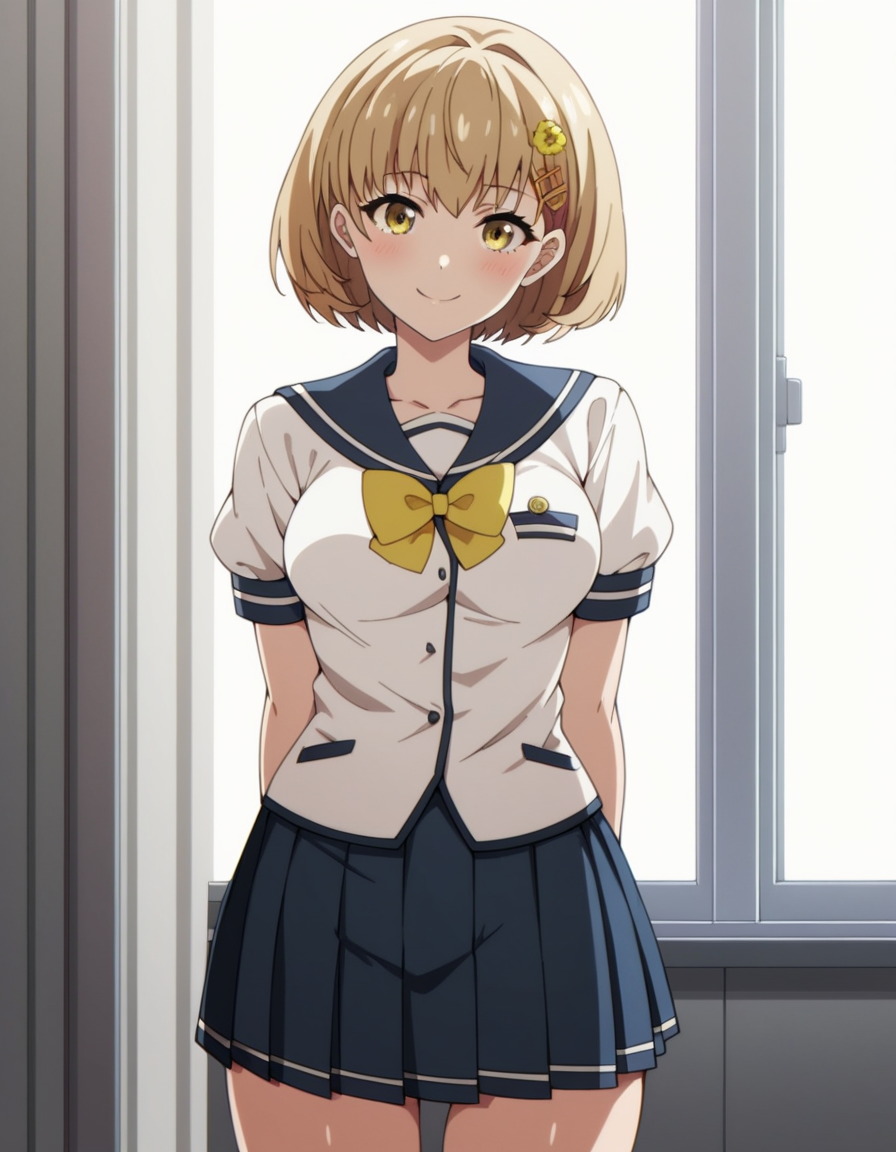 score_9, score_8_up, score_7_up, source_anime, uncensored, <lora:StS_detail_slider_v1:3>, zPDXLxxx, <lora:Kimie_Kamata_PONYXL_VexVexX:1>, KimieKamata, 1girl, yellow eyes, blonde hair, short hair, hair ornament, hairclip, hair flower, medium breasts, school uniform, serafuku, pleated skirt, yellow bow, cowboy shot, indoors, from front, standing, hands behind back, looking at view, thighs, smile,