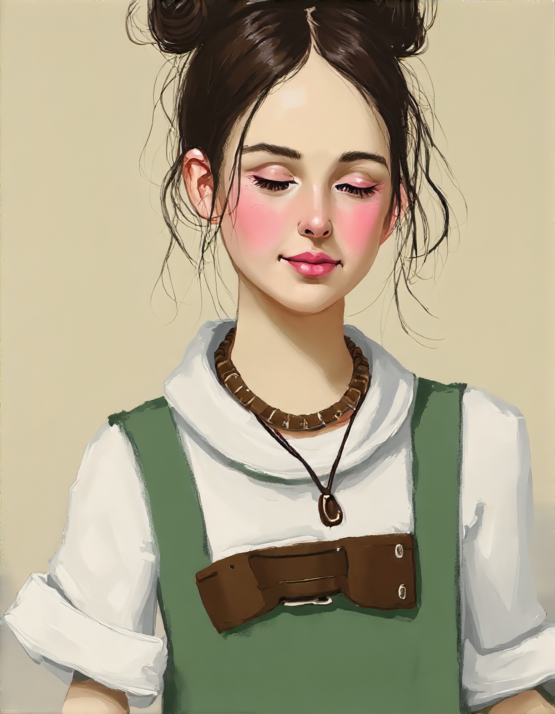 Close-up of a painted portrait of a young woman.Â 
The woman has dark, slightly tousled hair styled in a bun.Â Her eyes are closed, and she has a soft, serene expression. Her face is pale, with light blush on her cheeks and subtle eyeshadow. Her lips are a soft pink.Â She wears a choker-style necklace.
She is wearing a green, loose-fitting overall style dress or top, with a white blouse or shirt over the top, which has a slightly oversized, ruffled look to the sleeves. The green garment has a noticeable belt with a dark brown/black buckle.
The background is a light beige or cream color with subtle brushstrokes, which gives the painting an almost textured and painterly quality. The focal point is clearly the woman's face and torso. The colors are muted, and there is a soft lighting that creates a dreamy atmosphere to the image., <lora:FLUX-daubrez-DB4RZ-v2:1> DB4RZ, DB4RZ style painting, 1girl, perfectly flat chest, tiny perky tits