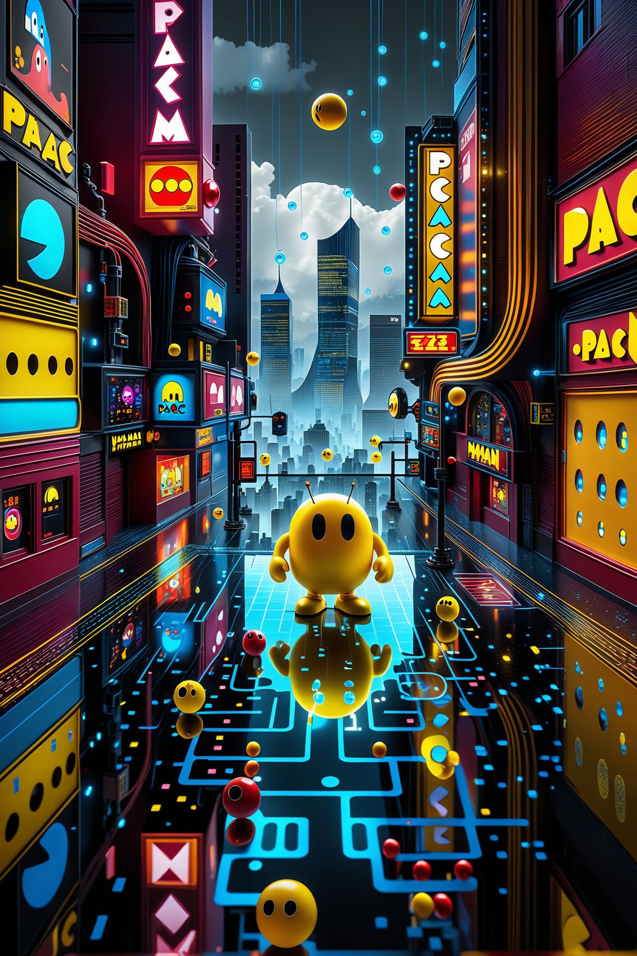 In a whimsically haunting scene, a digital giant Pac-Man materializes in a tilt-shift photograph. The main subject is a translucent figure with glitching pixels, floating above a miniature cityscape. The image, a digital painting, captures Pac-Man in vivid detail - ethereal wisps of code swirling around its form, glowing eyes reflecting bits of data. The high quality of the image allows for intricate details of Pac-Man's pixelated essence to shine through, creating a truly mesmerizing and otherworldly visual experience. (Masterpiece:1.2), 8K, perfect symmetry, UHD, ultra resolution, best quality, best details, best artist, sharp edges, detailed textures, full view, atmospheric lighting, visually stunning, perfect composition, trending on behance