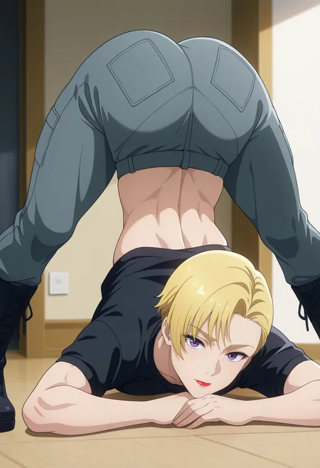 masterpiece, best quality, amazing quality, 1girl, solo, heidemarieww, mature female, purple eyes, blonde hair, short hair, lipstick, red lips, toned, small breasts, black shirt, short sleeves, grey pants, black boots, <lora:Barrow_Heidemarie_Bravern_ill:0.9>, top-down bottom-up, jack-o' challenge, indoors, skindentation, detailed clothing folds, depth of field, sharp, high contrast, dynamic light
