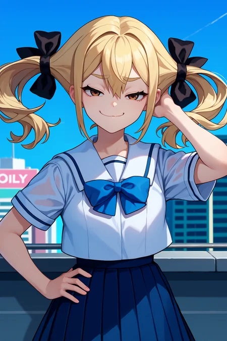 score_9, score_8_up, score_7_up, score_6_up, source_anime, 1girl, solo, <lora:rnfrau-pdxl-nvwls-v1-000005:1> rnFrau, blonde hair, brown eyes, twintails, hair ribbon, white shirt, white sailor collar, short sleeves, blue bow, pleated skirt, blue skirt, looking at you, smug, city, blue sky, hand on hip, upper body