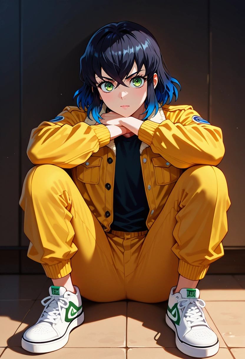 masterpiece, best quality, , semi-realistic, looking at viewer, 1boy, solo, male focus, <lora:inosuke_hashibira_ilxl:0.92>, inosuke_hashibira, black hair, green eyes, blue hair, multicolored hair, bangs, short hair, hair between eyes, gradient hair, two-tone hair, , , Damask Fleece joggers, Corduroy jacket, Canvas sneakers, , Cravat and and