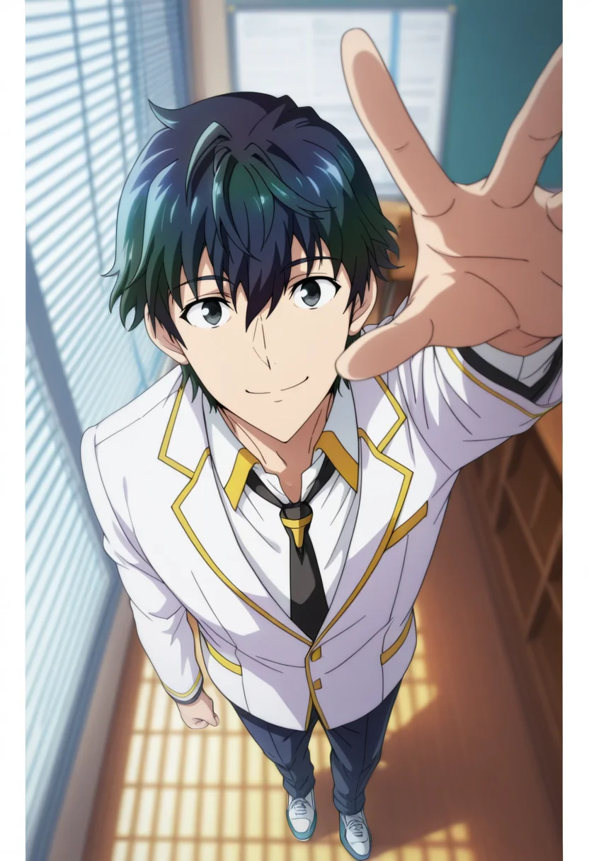 masterpiece, best quality, amazing quality,high resolution,intricate details,official style,depth of field,anime screencap , , , 1boy, solo, male focus, <lora:Desir_Herrman:0.88>,desir herrman,black hair,multicolored hair,black eyes,short hair,looking at viewer,school uniform,shirt,jacket,smile,mouth open,long sleeves, white shirt,white jacket, full body, necktie, shoes, collared shirt, pants, black necktie, pillarboxed,reaching,window blinds,from above