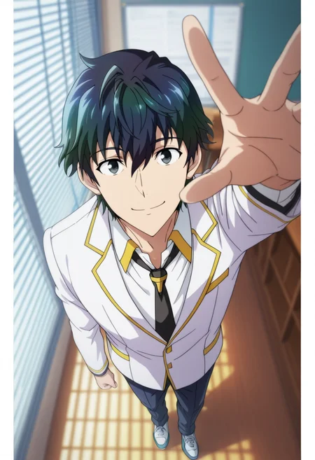 masterpiece, best quality, amazing quality,high resolution,intricate details,official style,depth of field,anime screencap , , , 1boy, solo, male focus,  <lora:Desir_Herrman:0.88>,desir herrman,black hair,multicolored hair,black eyes,short hair,looking at viewer,school uniform,shirt,jacket,smile,mouth open,long sleeves, white shirt,white jacket, full body, necktie, shoes, collared shirt, pants, black necktie, pillarboxed,reaching,window blinds,from above