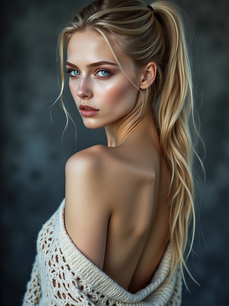 (S4r4h, woman, Scandinavian, skinny, blonde hair, Nordic style hair, blue eyes, detailed eyes): 
A stunning nude female form, 185cms tall and completely nude, a beautiful female model, a beautiful young woman stands with her back to the camera, her eyes closed and her head tilted slightly to the side. Her hair is pulled back in a ponytail, and she is topless with a light-colored sweater draped over her shoulders. The sweater has a netted design on the front, adding a touch of warmth to the scene. The backdrop is blurred, creating a stark contrast to the woman's body, realistic.