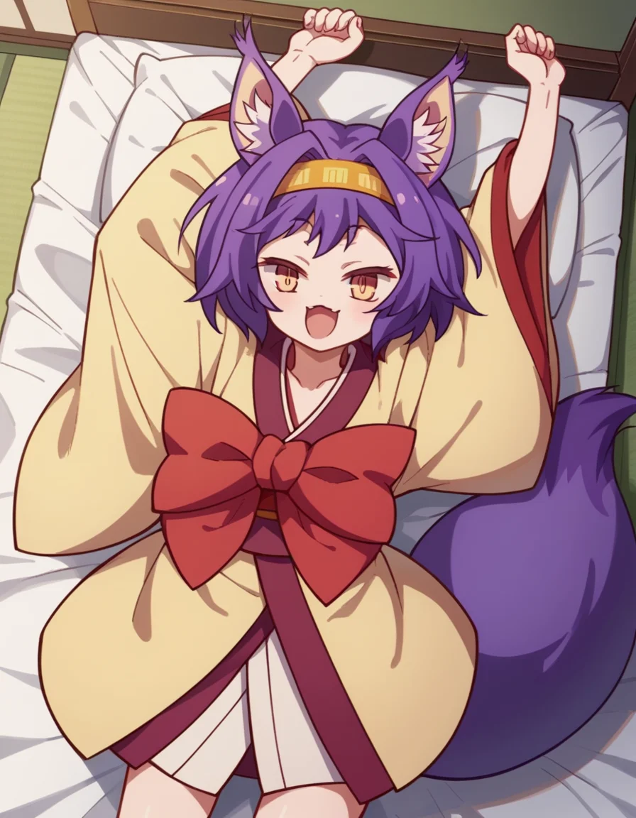 score_9, score_8_up, score_7_up, source_anime, <lora:izuna-hatsuse-s1-ponyxl-lora-nochekaiser:1>, izuna hatsuse, short hair, animal ears, purple hair, hairband, animal ear fluff, fox ears, slit pupils, yellow eyes,, bow, tail, japanese clothes, wide sleeves, kimono, fox tail, short kimono,, bedroom, alarm clock, morning routine, yawning, stretching, on bed,, , , smile, from above,, solo,, cowboy shot, dutch angle