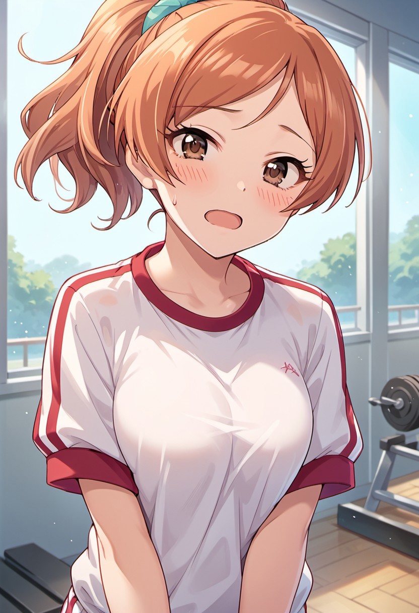 score_9, score_8_up, score_7_up, source_anime,komatsu ibuki, brown eyes, orange hair, 1girl, solo, ponytail, blush, gym uniform, looking at viewer, open mouth, sweatdrop, shirt