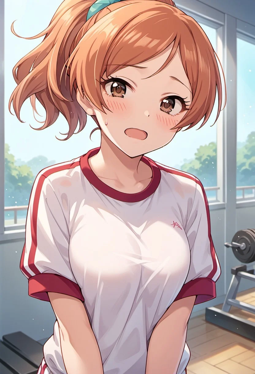 score_9, score_8_up, score_7_up, source_anime,komatsu ibuki, brown eyes, orange hair, 1girl, solo, ponytail, blush, gym uniform, looking at viewer, open mouth, sweatdrop, shirt