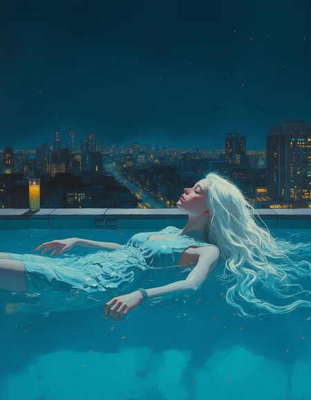masterpiece, high quality, Oil Painting, A calm and dreamlike scene of a android girl floating peacefully on her back in a quiet rooftop pool under a vast, starry night sky. She is 12 year old android with a fully robotic body and chrome skin. Her eyes are gently closed, her expression serene and reflective, as if she's lost in a tranquil dream. Her long, white hair fans out around her in the water, drifting slowly with the ripples. The soft, aqua-blue glow from the pool's underwater lights casts a delicate, ethereal illumination on her chrome metal skin, enhancing the peaceful atmosphere. Tiny flecks of golden light float around her on the water's surface, reminiscent of stardust, adding a magical quality to the scene. Above, the night sky is clear and filled with stars, some reflected in the still water, blending seamlessly with the Cyberpunk city lights from the distant skyline. Warm ambient lighting from the poolside softly illuminates the surroundings, casting subtle shadows that enhance the scene's depth. The woman's body is relaxed, with her arms gently floating beside her, fingers slightly spread, as though she's surrendering herself entirely to the calmness of the water. The silence of the rooftop at night, the soft glow of the pool, and the delicate reflections create an atmosphere that feels both timeless and surreal, as if she's drifting between reality and a dream.
ultra detailed, romantic, Focus on the girl, shadow and light, Masterpiece, intricate lines, intriguing atmosphere, sharp magnificent details, delicate features, elaborate details, (2\3 rule composition:0.5), ultra detailed, romantic, Rembrandt lighting, brush stroke, lovely, novuschroma, in the style of Rembrandt. vantablack <lora:style_of_Rembrandt_FLUX_135:.8> <lora:- Flux1 - vanta_black_V2.0:.6> <lora:113_novuschromaFLX_1:.2> <lora:Midjourney_Whisper_Minimal:.3> <lora:neeeg_f1:-1> <lora:CPA:.6>