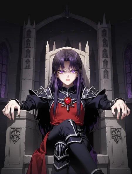 score_9, score_8_up, score_7_up,source_anime,
 <lora:Medea_Solon__Your_Throne__Manhwa:0.9> MedeaSolon, purple eyes, purple hair, mole under eye, long hair,
1girl,
dark, [black background::0.15],
evil castle, dark stone wall, throne room, 
black armor, red tabard, 
(angry:0.8),glaring, 
closed mouth, 
crossed legs, 
stone ceiling,