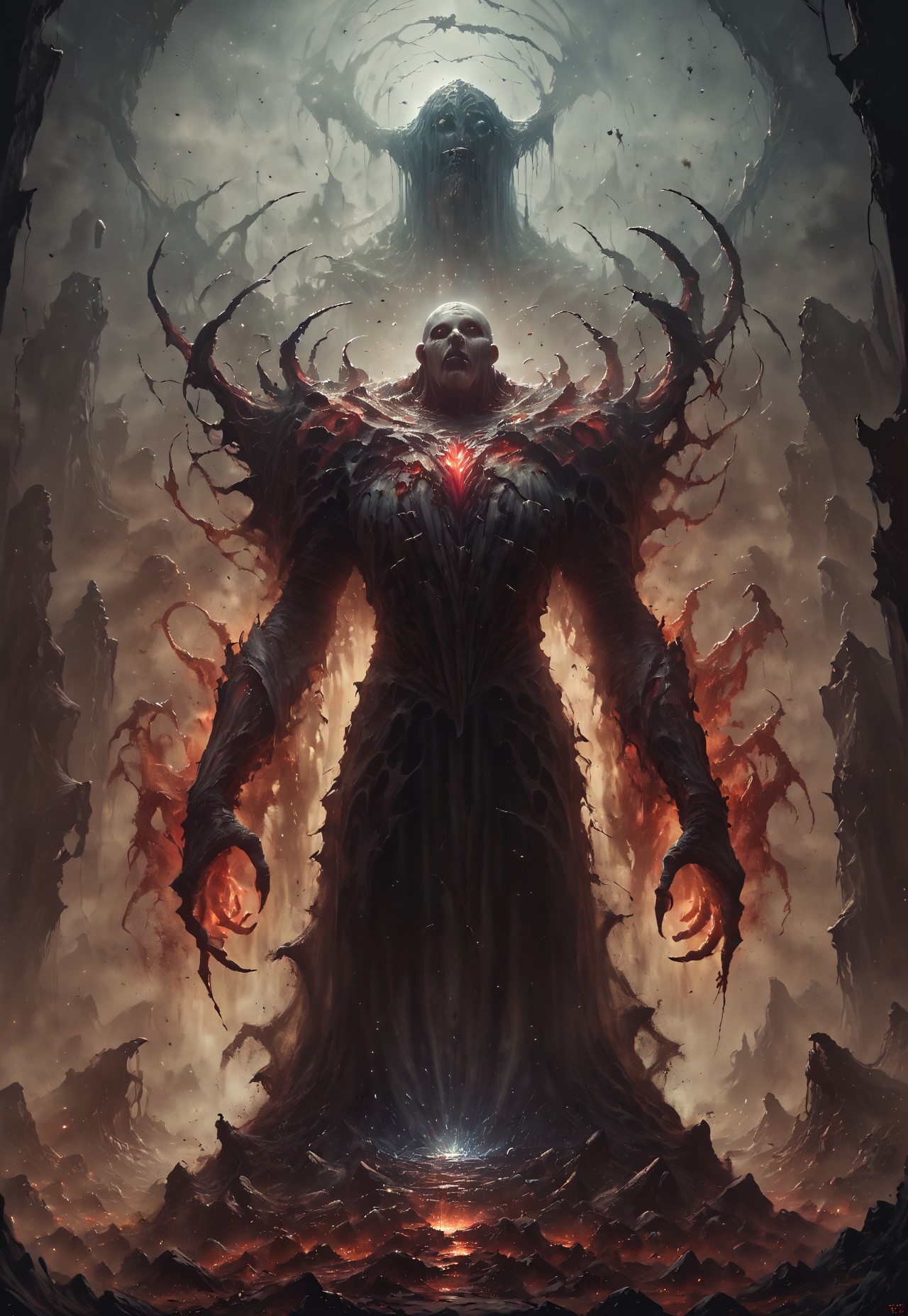 score_9, score_8_up, score_7_up, source_real

group of shadowy necromancers, clad in tattered robes and holding eerie, glowing relics, summoning swirling, ethereal spirits from the ground. Ghostly apparitions with translucent, menacing forms should drift between the cracked tombstones and broken statues, while fog creeps through the scene, adding an extra layer of dread. The atmosphere should be heavy with a sense of dark magic and impending doom

(misty:1.5), creepy atmosphere, dramatic light, (darkness:2.5), 34K uhd, masterpiece, high detail, 8k, intricate, detailed, high resolution, high res, high quality, highly detailed