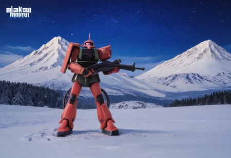 score_9, score_8_up, score_7_up, cowboy shot, side view, BREAK, ( white zaku, grey zaku, pink monoeye, one eye, looking to the side, holding rifle in both hands, ) 3 mech, mech focus, walking, BREAK, snow, ice, ice mountains, dark blue violet sky, night time, starry sky, Realistic, Relaxed, Moonlit, beautiful detailed supreme quality color intricate, dynamic dramatic beautiful full taking, contemporary fine detail, highly detail, dynamic background, positive emotional, figure, background curving upwards, snow getting kicked up, miniature