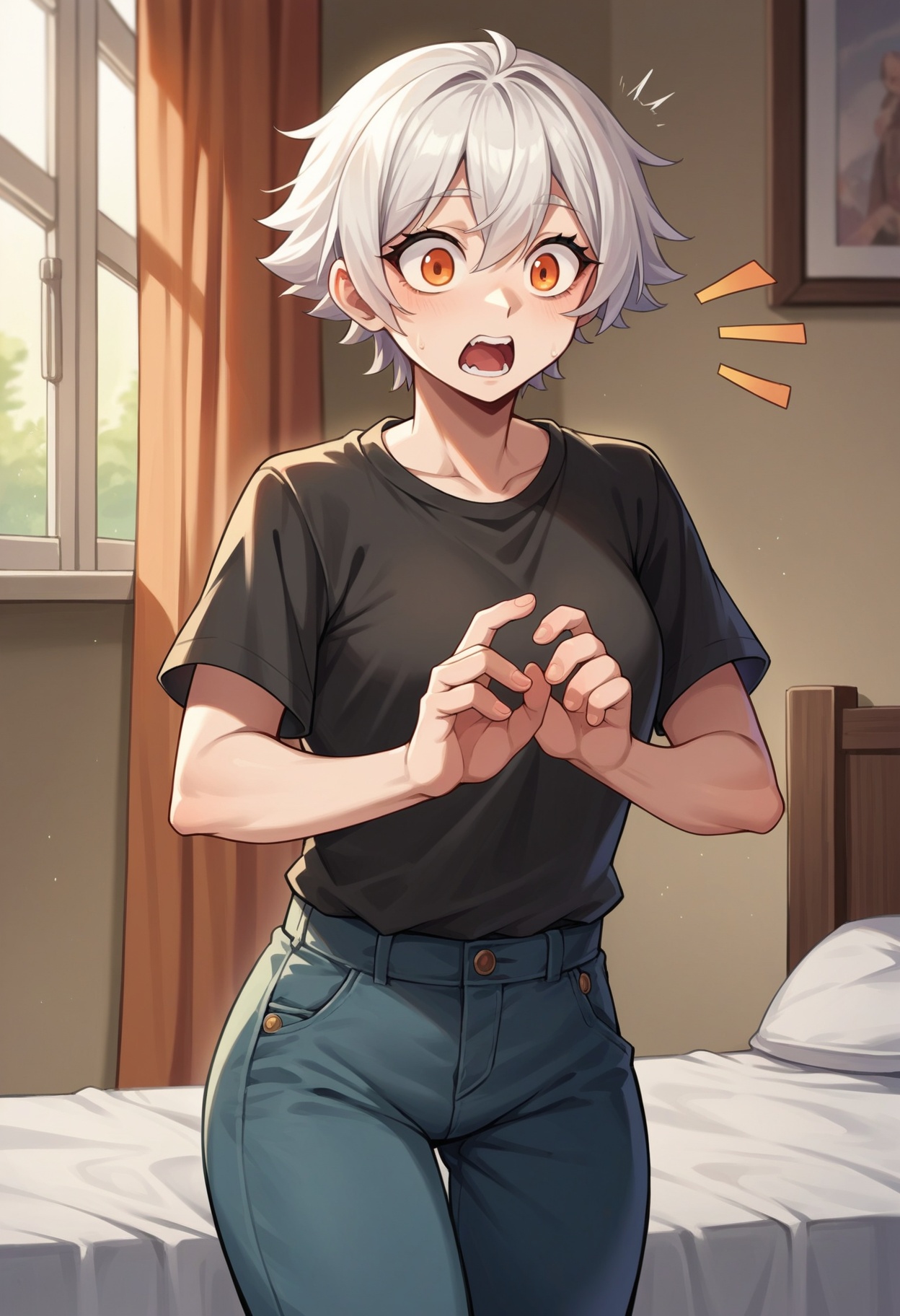 score_9, score_8_up,score_7_up,source_furry, source_ anime, 
human,anthro, 1girl, white hair, orange eyes, surprised, shirt, pants, solo, bedroom,
<lora:Slider_human-anthro_v1:-1>