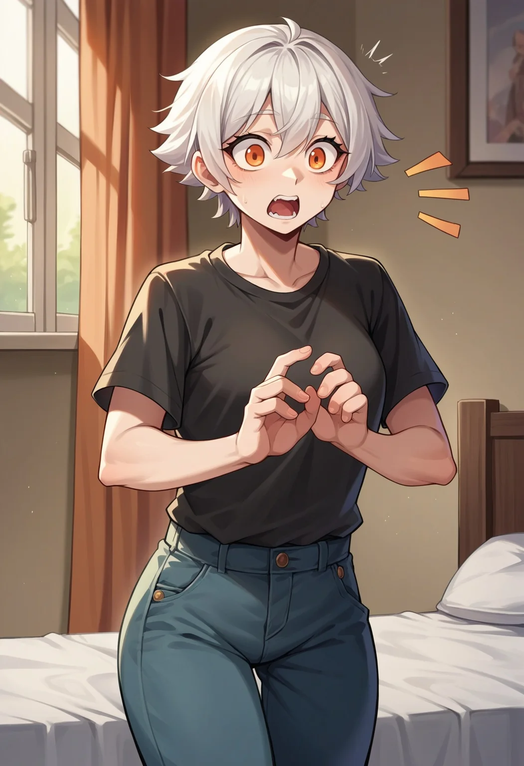 score_9, score_8_up,score_7_up,source_furry, source_ anime,
human,anthro, 1girl, white hair, orange eyes, surprised, shirt, pants, solo, bedroom,
<lora:Slider_human-anthro_v1:-1>