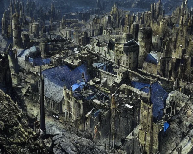 an old ps_game_screenshot of an ancient gothic mountain city, brass pipes, exterior, Lovecraftian, immersive, birds eye view, (concept art by dark souls) <lora:epiNoiseoffset_v2:1.4>