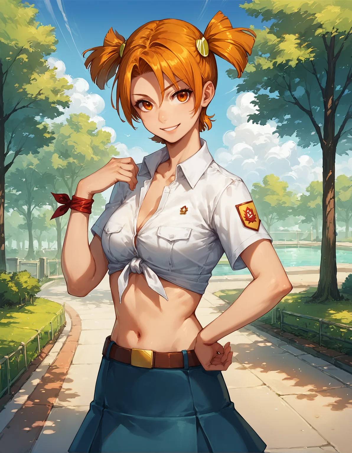 score_9, score_8_up, score_7_up, score_6_up, a girl standing in dynamic pose in park, source_anime, detailed, colorful, solo focus, 1girl, perfect lighting, upper body, medium shot, blalisa, orange hair, short twintails, orange eyes, yellow hairclips, white tied shirt, midriff, red wristband, red badge on shirt, brown belt, blue skirt, dynamic pose, tree, day, sky, clouds, sunglare, smiling, looking at viewer, <lora:blalisa_XL:0.9>