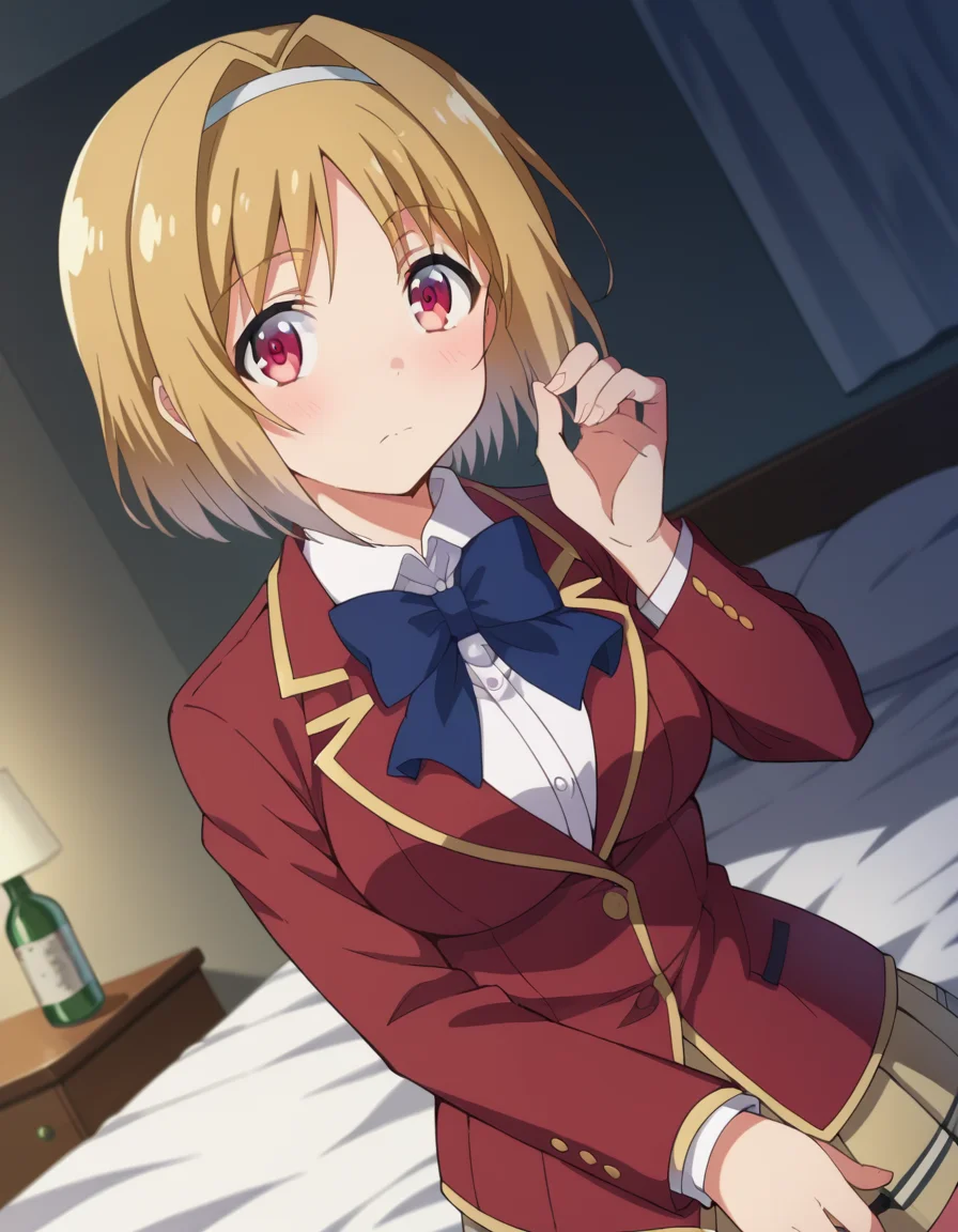 score_9, score_8_up, score_7_up, source_anime,
kikyoukushida, <lora:kikyou-kushida-s2-ponyxl-lora-nochekaiser:1>,
kikyou kushida, short hair, blonde hair, red eyes, hairband, hair intakes,
shirt, long sleeves, bow, school uniform, jacket, white shirt, bowtie, blue bow, blazer, red blazer,
indoors, bed, bed room, on side, blush, drunk,
looking at viewer, dutch angle, cowboy shot,