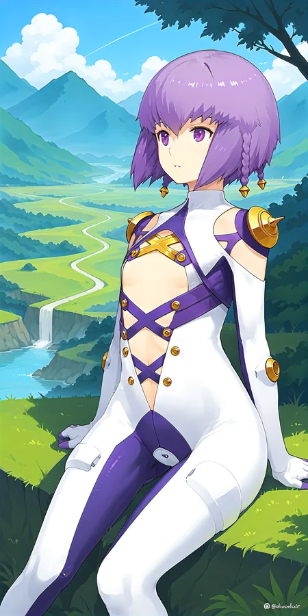 tilia (ar tonelico),<lora:Tilia_(ar_tonelico)-000070:0.8>,bodysuit,navel,flat chest,sitting,scenery,looking up,