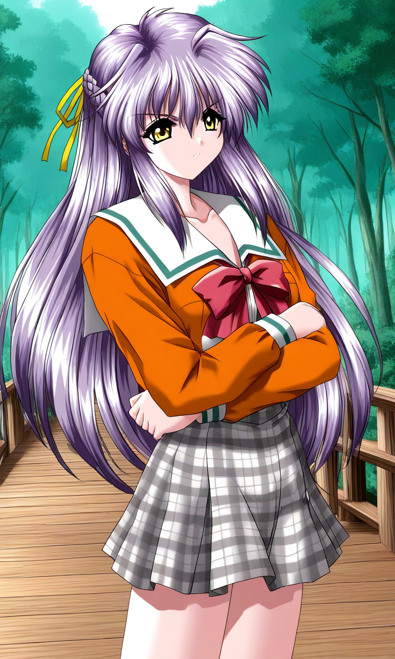 general,highres, ultra-detailed,very aesthetic,best quality ,best hands, BREAK <lora:Nishikujo_Shion_Akumu_AoiKajitsunoSange_IS:1>
Nishikujo_Shion, 1girl, solo, light purple hair, long hair, yellow eyes, hair ribbon, yellow ribbon, small breasts,
orange school uniform, ribbon, white and gray skirt, outdoors, serious, crossed arms,
nature, tree, plaid, braid, plaid skirt, bow, forest, half updo, long sleeves, day, serafuku,
wood bridge,
