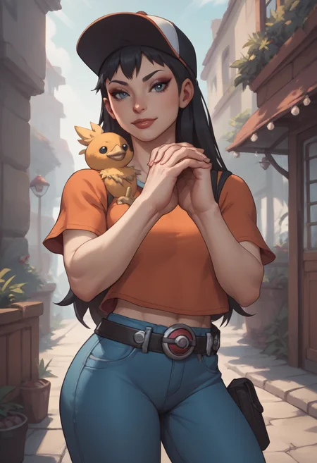 score_9, score_8_up, score_7_up, score_6_up, score_5_up, score_4_up, <lora:chunliSDXL:1> chunliSDXL, cap, good hands, torchic on shoulders, pokeball on belt, black hair, makeup, <lora:torchic_pony_v1:1>,
