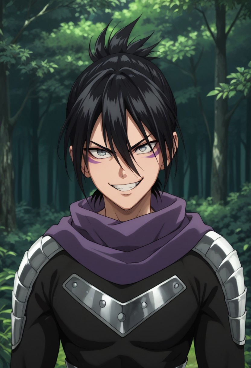 score_9, score_8_up, score_7_up, source_anime, highly detailed, 
nosonikku, 1boy, male focus, bodysuit, scarf, black hair, hair between eyes, black bodysuit, solo, facial mark, purple scarf, grey eyes, ninja uniform, upper body, serious, evil grin, big grin,
outdoor, tree, shadows, forest,