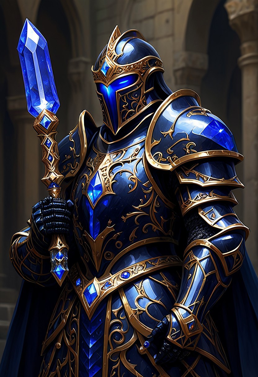 magicNpolished, A noble paladin, obsidian armor adorned with sapphire gemstones, intricate designs, holding a diamond mace, fantasy setting