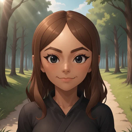 score_9, score_8, BREAK, solo, mii, wii, wii sports, female mii, 1girl, brown hair, black eyes, brown eyebrows, dark skin, blush, black clothing, black pants, breasts, cute, Chika_(Wii_Sports), nintendo mii, modern_mii, classic_mii, sexy pose, smile, outdoors, sunlight, shadows, evening lighting, natural lighting, forest, trees, grass, orange sky, sunset