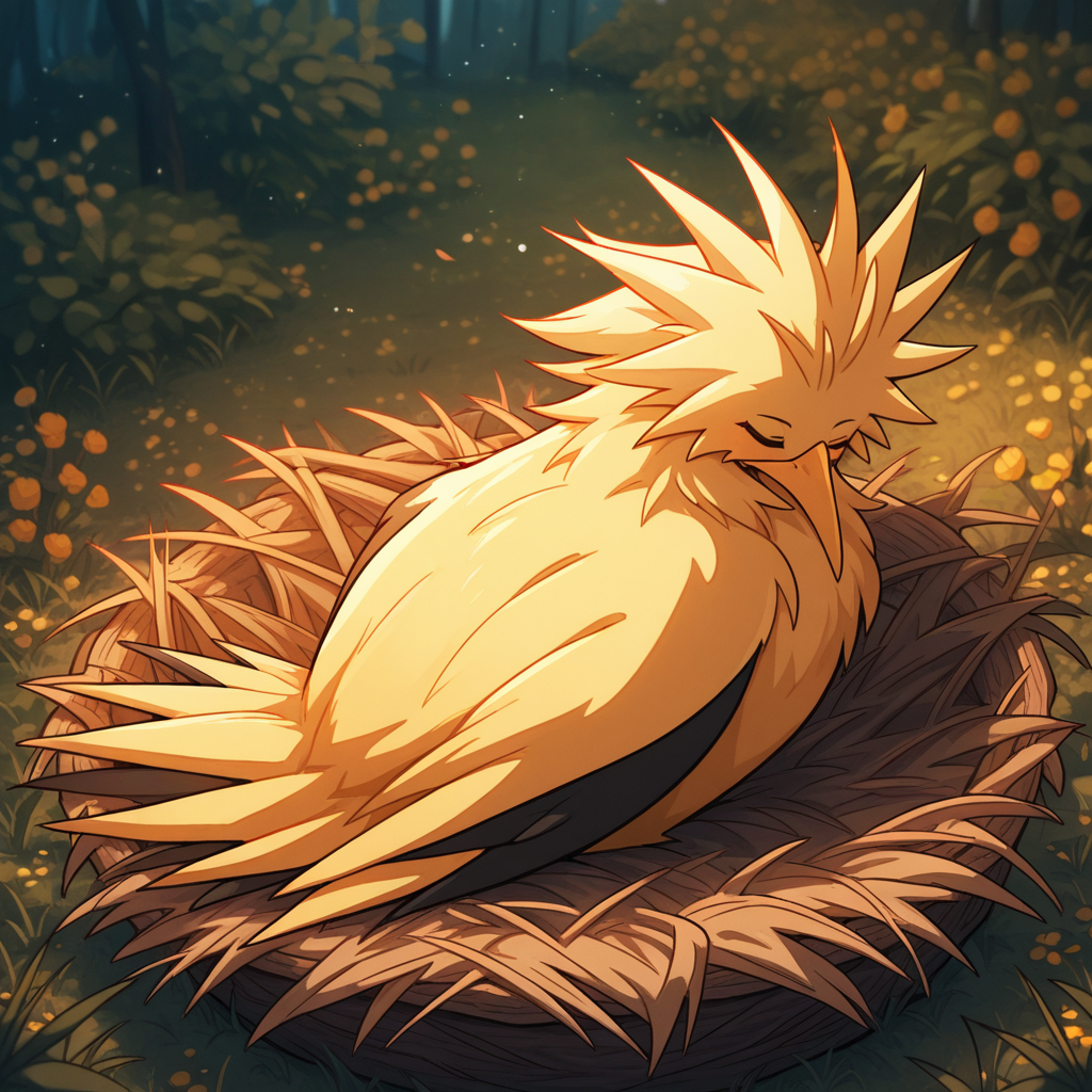 ((vibrant, detailed, detailed background, amazing quality, colorful, masterpiece, 8k, rtx)), beutiful background, BREAK 
<lora:zapdos-illus-14:1> pzapb, pokemon \(creature\), bird, 1other, sitting, sleeping, in nest,