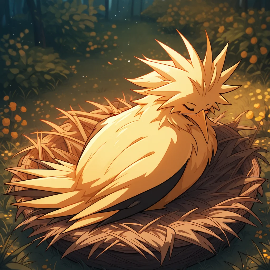 ((vibrant, detailed, detailed background, amazing quality, colorful, masterpiece, 8k, rtx)), beutiful background, BREAK
<lora:zapdos-illus-14:1> pzapb, pokemon \(creature\), bird, 1other, sitting, sleeping, in nest,
