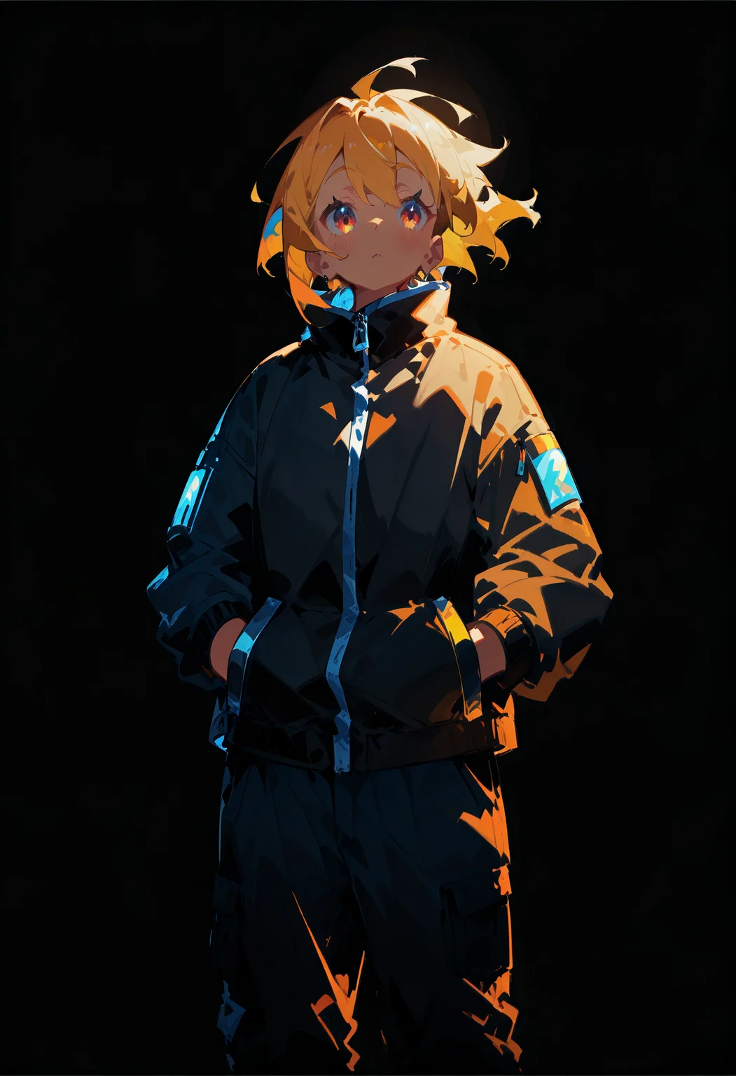 1girl, golden hair, short hair,
BREAK 1girl, standing, hands in pocket, pants,
BREAK Black clothes, long black gloves, black stocking, short black jacket, Idol, singer, (black background), simple background,
BREAK safe, masterpiece, best quality, very aesthetic, absurdres, highres, newest, <lora:ponyv5_noobV065S_1_adamW:0.7>, <lora:lora:0.4>, <lora:Unstable_v1.0:1.0>