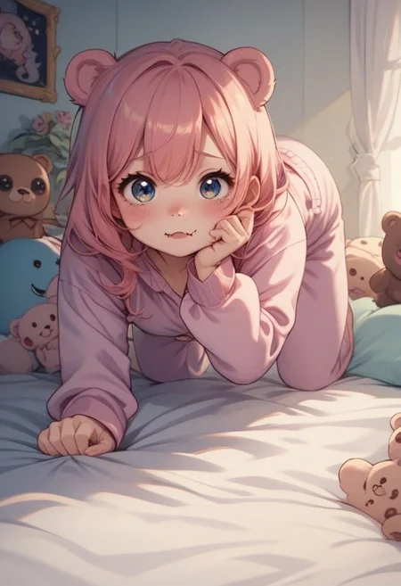score_9, score_8_up, score_7_up, best quality, fine detail, cute, bear girl, chibi, shy, (crawling on all fours), room full of stuffed animals