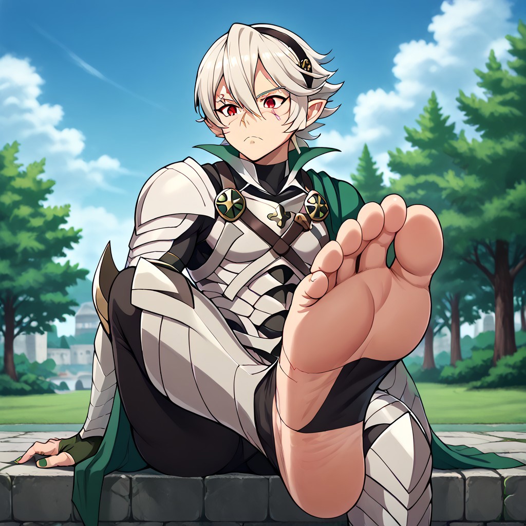 masterpiece, best quality, sharp aliasing, highly detailed, 1male, male body, male,EPfeCorrin, dark green cape, armour, dark green gloves, black pants, wearing pants, outdoors, evening, stone ground, tree, bush, buildings, windy, barefoot, toeless legwear, armoured legwear, armoured arms, shin armour, leg armour, leg and shin armour, shin guards, stirrup legwear, dark green stirrups, 5 toes, Quality, High Definition, Full body view, solo, slimes_sanemi, scar, scars, scar on face, scar on chest, scar on forehead, white hair, muscular, red eyes, slit eyes, pointy ears, sitting, green sword, green toenails, dirty feet, side view, grumpy expression, sitting on ledge, feet, soles, foot focus