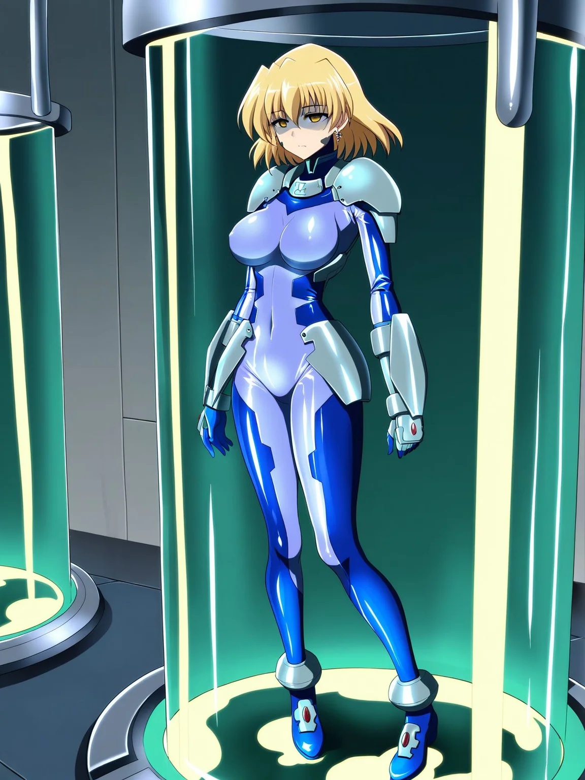 masterpiece, best quality, 1girl, solo, <lora:NumberSuitILV2:1>, shamal yagami, yellow eyes, empty eyes, numbersuit, face harness, two tone blue bodysuit, glossy latex, large breasts, silver shoulder armor, silver gauntlets, blue gloves, blue ankle boots, waist armor, high tech lab, standing in fluid-filled green stasis tube, half lidded eyes, hands at sides