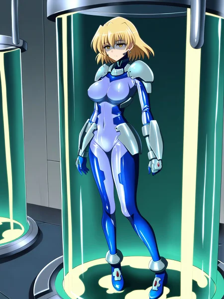 masterpiece, best quality, 1girl, solo, <lora:NumberSuitILV2:1>, shamal yagami, yellow eyes, empty eyes, numbersuit, face harness, two tone blue bodysuit, glossy latex, large breasts, silver shoulder armor, silver gauntlets, blue gloves, blue ankle boots, waist armor, high tech lab, standing in fluid-filled green stasis tube, half lidded eyes, hands at sides