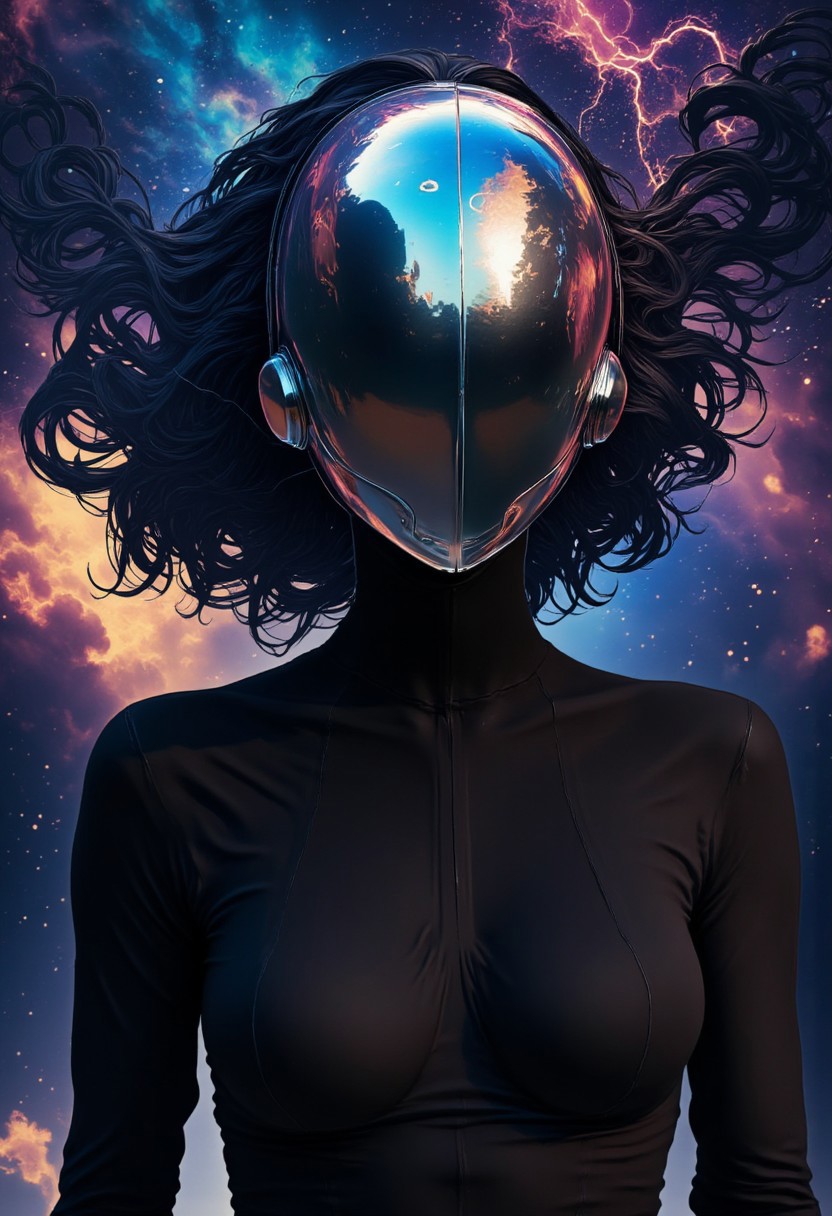 A Nistyle photo featuring a surreal, abstract Busty woman set against a vibrant, cosmic background. The woman is a sleek, featureless humanoid with a metallic, reflective head that resembles a helmet or mask. The head is a polished, iridescent surface that reflects and refracts light, showing a mesmerizing mix of colors including deep blues, purples, and hints of gold, suggesting a blend of nebulae and cosmic phenomena. The body is clad in a dark, sleek suit, which appears to be made of a material that matches the reflective quality of the head.