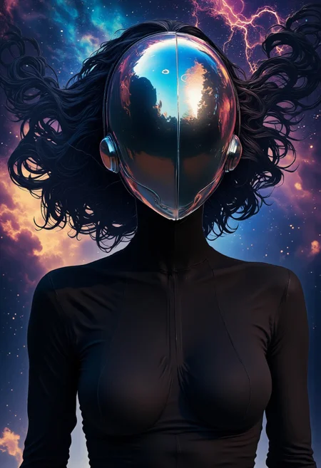 A Nistyle photo featuring a surreal, abstract Busty woman set against a vibrant, cosmic background. The woman is a sleek, featureless humanoid with a metallic, reflective head that resembles a helmet or mask. The head is a polished, iridescent surface that reflects and refracts light, showing a mesmerizing mix of colors including deep blues, purples, and hints of gold, suggesting a blend of nebulae and cosmic phenomena. The body is clad in a dark, sleek suit, which appears to be made of a material that matches the reflective quality of the head.