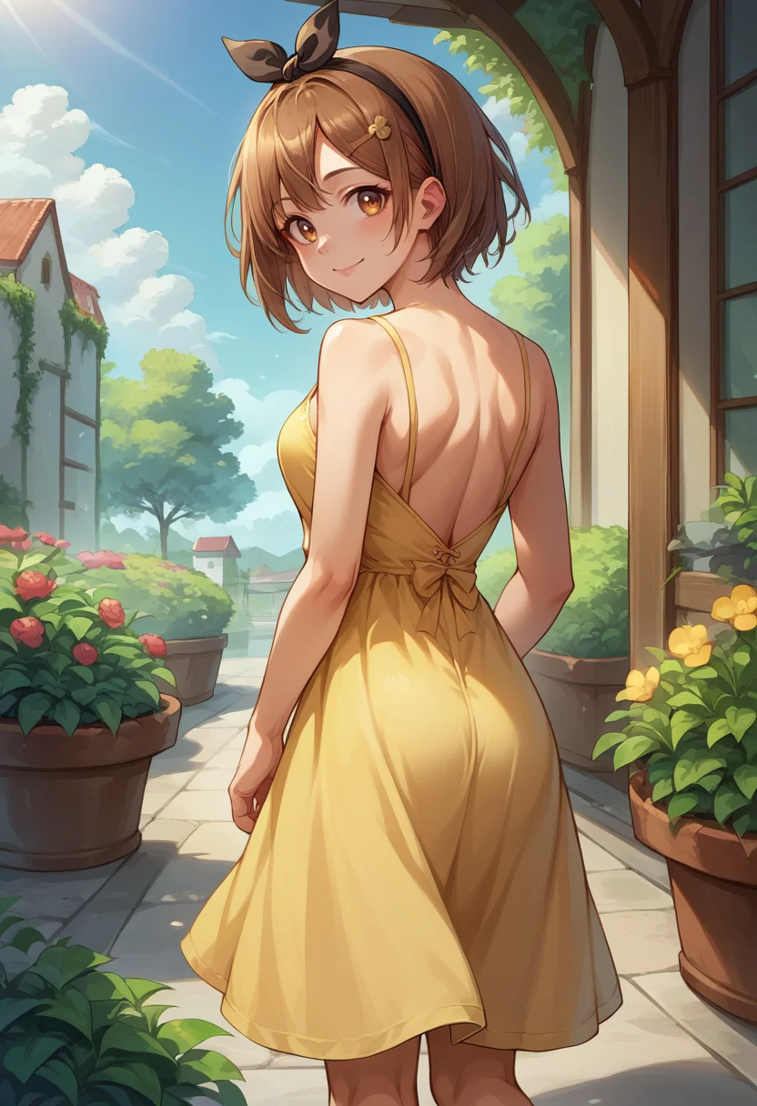 score_9, score_8_up, source_anime, 1girl, solo, ReisalinStout, short hair, hairclip, black bow hairband, from behind, yellow sundress, garden, day, sunshine, smile, looking back, <lora:ChamReisalinStoutPonyXL:0.8>