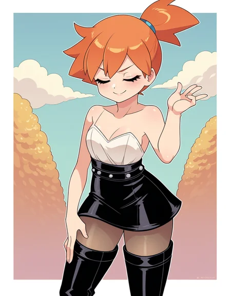 zPDXL, score_9, score_8_up, score_7_up, score_6_up, score_5_up, 4k, absurdres, looking at viewer, <lora:Perfect Hands:0.8> Perfect Hands, 1girl, solo,
Pokemon, Misty, flat chest, orange hair, (closed eyes:1.2), smile, onna zuwari, lace-bodysuit, leather-skirt, over-the-knee-boots, pantyhose,
<lora:NicoNeko_v1:0.8> ncnk, silk