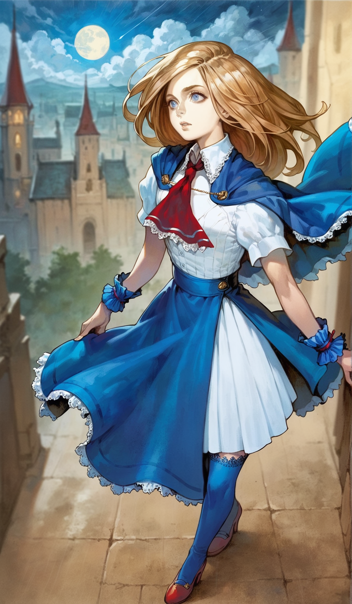 score_9,score_8_up,score_7_up,
highres,highly detailed,
<lora:CharlotteAulin:1>,
charlotteaulin,
1girl,solo,
brown hair,long hair,
blue eyes,
blue cape with white lace trim,white thigh length dress,white lace trim collar,red tie with white lace trim,short puffed sleeves,blue wrist cuffs,(blue wrap skirt:1.2),
blue lace thigh socks,red heels,
full body,back view,from above,standing from rooftop,overlook,
blurry background,vignetting,outdoors,castle,(night:1.2),dark,full moon,dark,light particles,cloudy,rainy days,