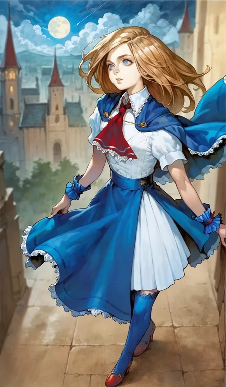 score_9,score_8_up,score_7_up,
highres,highly detailed,
<lora:CharlotteAulin:1>,
charlotteaulin,
1girl,solo,
brown hair,long hair,
blue eyes,
blue cape with white lace trim,white thigh length dress,white lace trim collar,red tie with white lace trim,short puffed sleeves,blue wrist cuffs,(blue wrap skirt:1.2),
blue lace thigh socks,red heels,
full body,back view,from above,standing from rooftop,overlook,
blurry background,vignetting,outdoors,castle,(night:1.2),dark,full moon,dark,light particles,cloudy,rainy days,