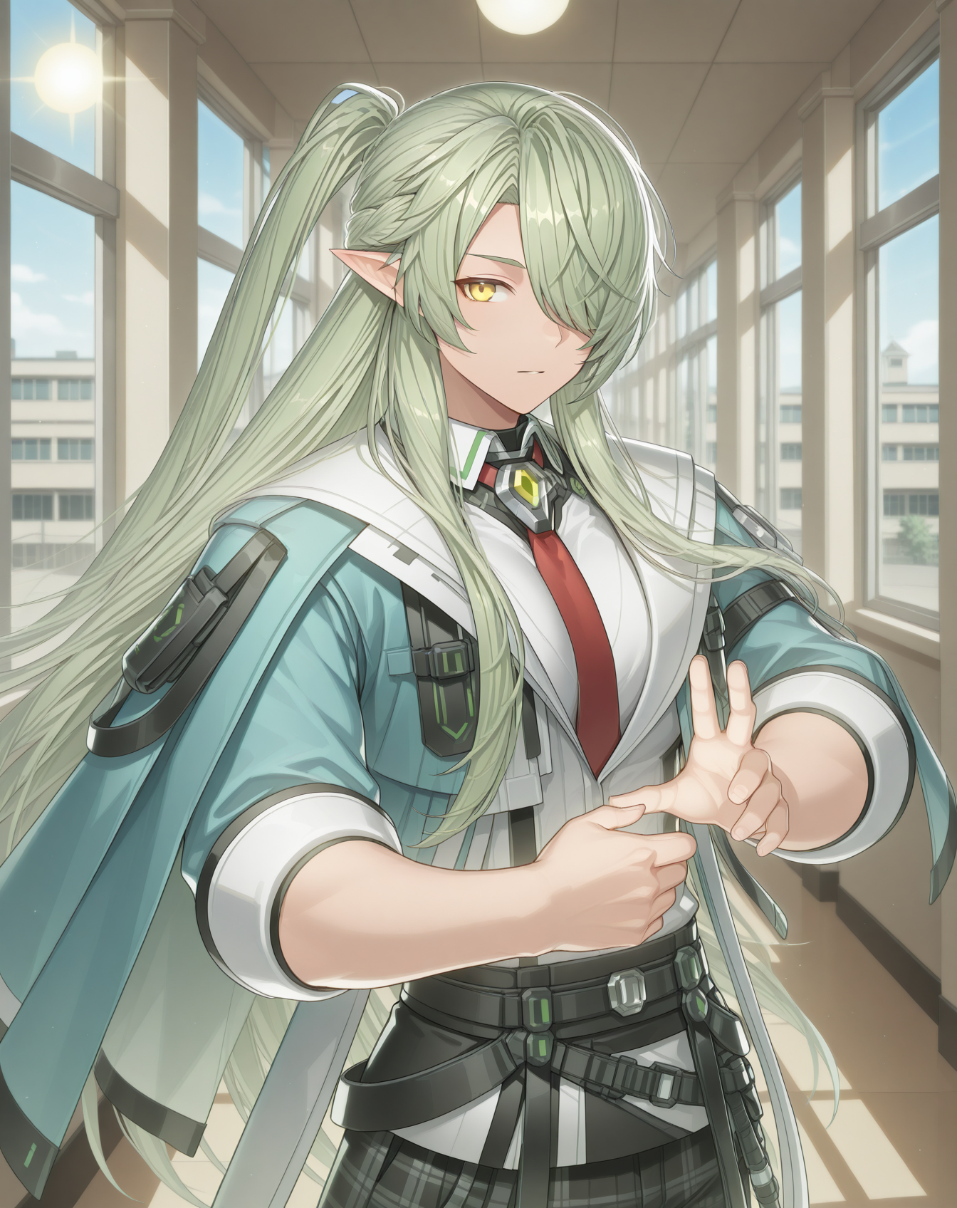 masterpiece,best quality,amazing quality, newest, very aesthetic, absurdres,
1boy, solo, yaoi, male focus, looking at viewer, cowboy shot,
 <lora:Zero_T_FSI_ilxl:1>  zerotfsi, hair over one eye, green hair, pointy ears,yellow eyes, ponytail, half updo, elf, hair between eyes,sidelocks, one eye covered,
school uniform, white shirt, collared shirt, blue jacket, red necktie, black pants, plaid pants,
indoors, school, hallway, window, day, sun,