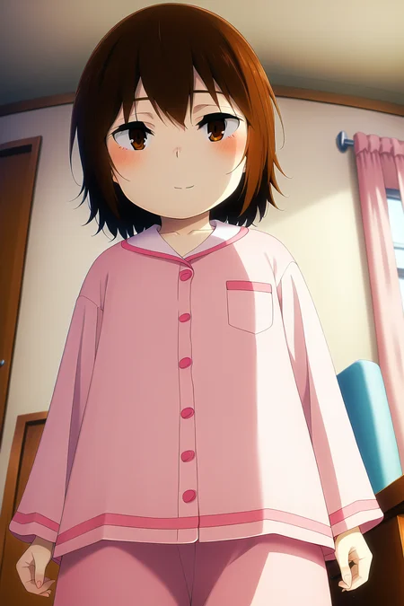 sharp focus, pixiv masterpiece, intricate details,  expressionless, source_anime,  score_8_up, score_7_up, score_9, kayo_hinazuki, cowboy shot, <lora:kayohinazuki_pony_xl_0.2-000013:1>,bedroom, slightly blushing, smile, pink pyjamas, from below