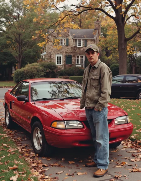 retr0grade90s A man standing next to his red 1995 Ford Mustang. He has baggy jeans.<lora:General Flux\retrograde-90s-000015.safetensors:0.9500000000000001:1.0>