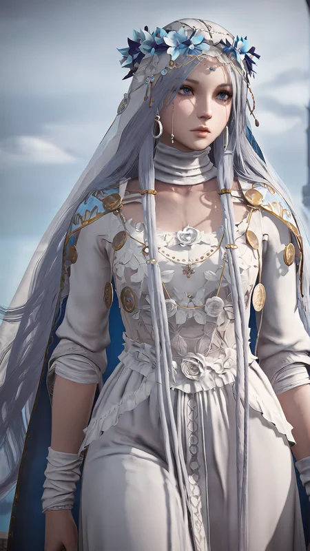amazing quality,absurdres,best quality,masterpiece,highres,newest,detailed,detailed body,detailed face,masterpiece,best quality,solo,
nightreign-revenant,1girl,veil,solo,dress,long hair,white dress,flower,blue eyes,hair ornament,3d,realistic,<lora:elden ring nightreign 復è®è
:0.8>,