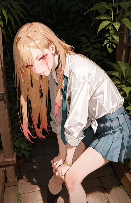 perfect quality,high quality,masterpiece,best quality,amazing quality,very aesthetic,Cinematic Lighting,newest,Tactical use of shadow,
from_above,profile,looking_at_viewer,Eyebrow raise with a smirk,
MarinKitagawa CYQL,1girl,solo,blonde hair,long hair,multicolored hair,gradient hair,red eyes,jewelry,choker,black choker,earrings,ear piercing,piercing,bracelet,ring,school uniform,long sleeves,necktie,blue necktie,shirt,white shirt,tied shirt,pocket,skirt,pleated skirt,plaid,plaid skirt,blue skirt,socks,black socks,loafers,brown footwear,,
leaning_forward,covering_mouth,
Indoor jungle, Hanging plants, Plant shelves, Botanical prints, Natural wood furniture,
<lora:spo_sdxl_10ep_4k-data_lora_webui:0.5>,<lora:illustrious_all_rated_v1:0.6>,<lora:748cmSDXL:0.8>,748cmstyle,<lora:DarkerThanBlackIllustrious:0.5>,<lora:EtherSDXL:0.5>,EtherStyle,<lora:Kitagawa Marin_Illustrious by Cyql:1>,