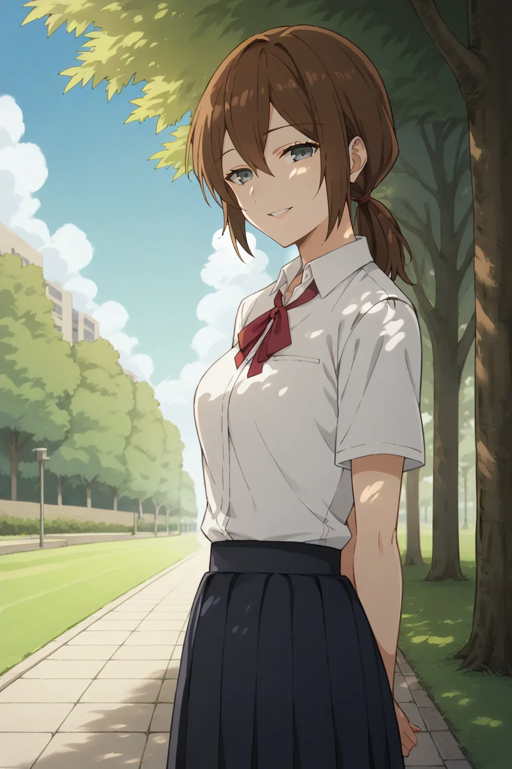 score_9, score_8_up, score_7_up, source_anime, 1girl, prefect lighting, very aesthetic, intricate details, highly detailed background, masterpiece, high quality, prefect hands, solo, best quality,
<lora:Yuriko_Hori_young_V1-000007:.75>, brown hair, medium hair, hair between eyes, half-closed eyes, grey eyes, straight hair, low ponytail, 
school uniform, black skirt, short sleeves, 
standing, arms behind back, smile, parted lips, by tree, cowboy shot, dutch angle, from side, 
sunny, park, sidewalk, stone floor, grass, tree, cloudy sky, under shade, shade,
(Beautiful, medium Breasts:1.2), natural breasts,