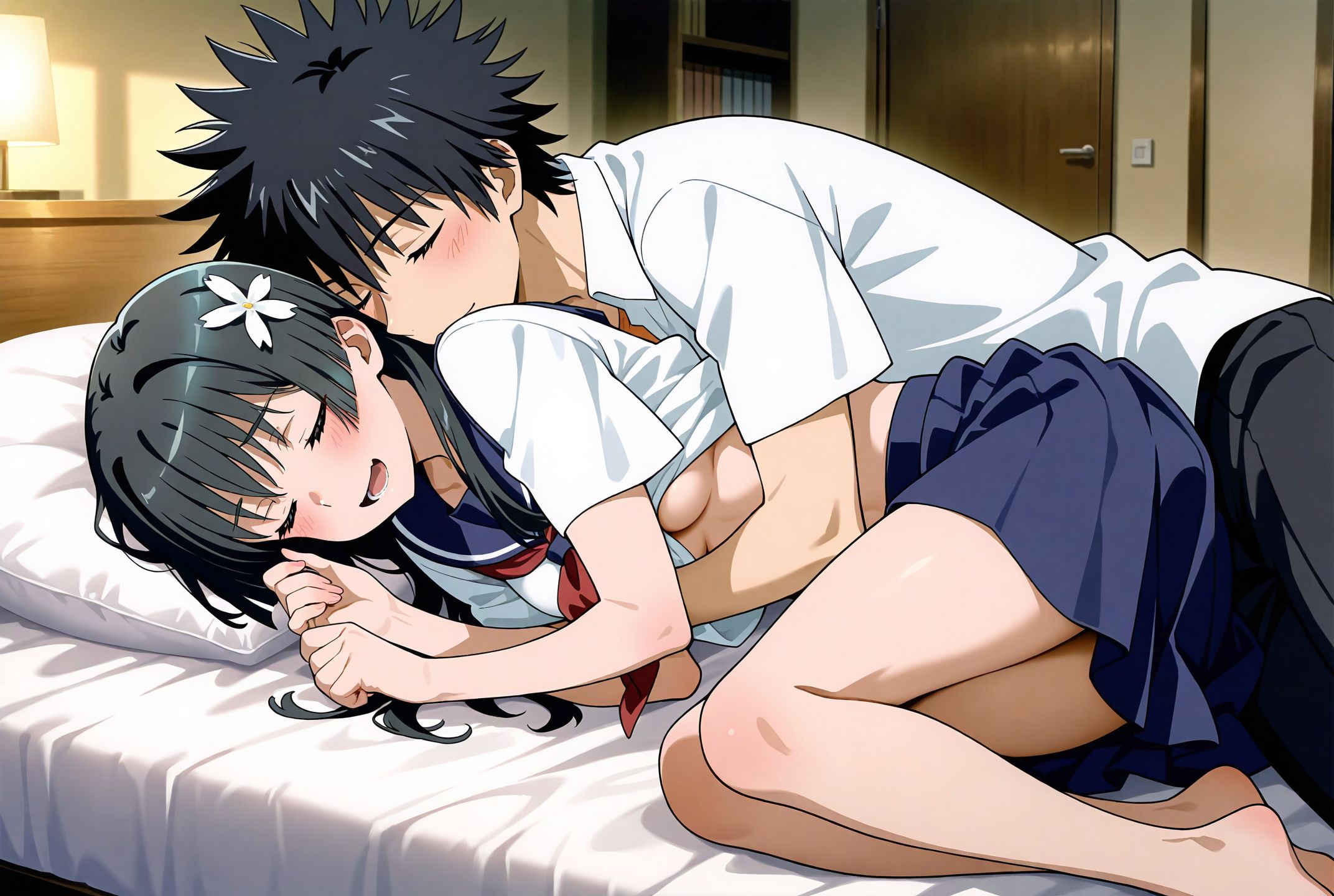 masterpiece, best quality, newest, absurdres, highres, detailed eyes, beautiful, detailed background, perfect eyes, anime coloring, anime screencap,
<lora:add-detail-xl:0.5>
<lora:Side-Lying_Intimacy:1>,Side-Lying_Intimacy,
1girl,1boy,hetero, breasts,on side, closed eyes,lying,
Side-Lying Intimacy,  (Spooning with Extended),
full body, cuddling, sex from behind, 
BREAK
school uniform, 
Saten Ruiko,  
Kamijou Touma,　
 adult couple, 	 20YO,
toaru kagaku no railgun , official art,