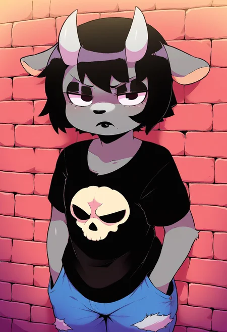 score_9, score_8_up, score_7_up, (by oughta, by dagasi), 1girl, Rammy, Black hair, gray fur, short hair, anthro, horns, black t-shirt white skull, dark gray lipstick, black eyes, dark gray torn jeans, frown, staring at viewer, hands on pockets, leaning against wall, brick wall